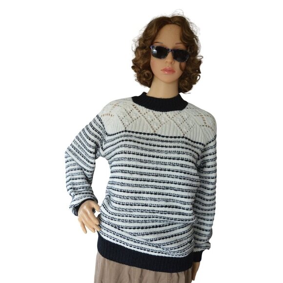 143 Story Boutique Stripe Pointelle Detail Crew Neck Sweater Women's Size Small - Picture 2 of 12